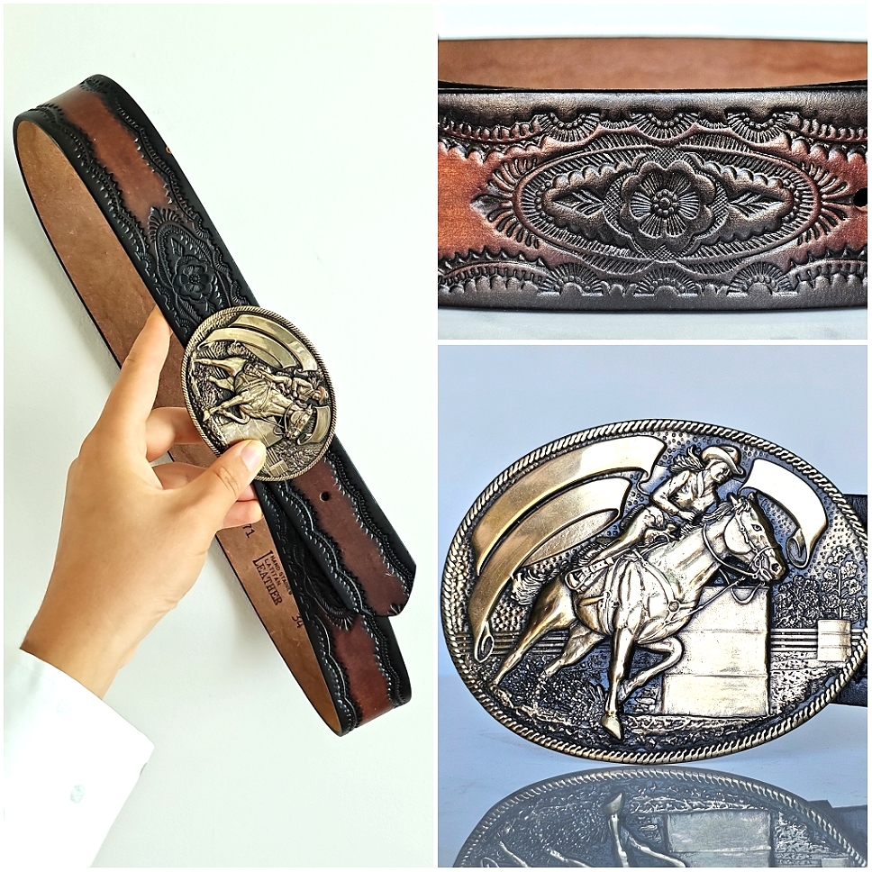 Vintage Western Rodeo Buckle Belt Latitian Leather Burnished Brown Cowgirl Rodeo